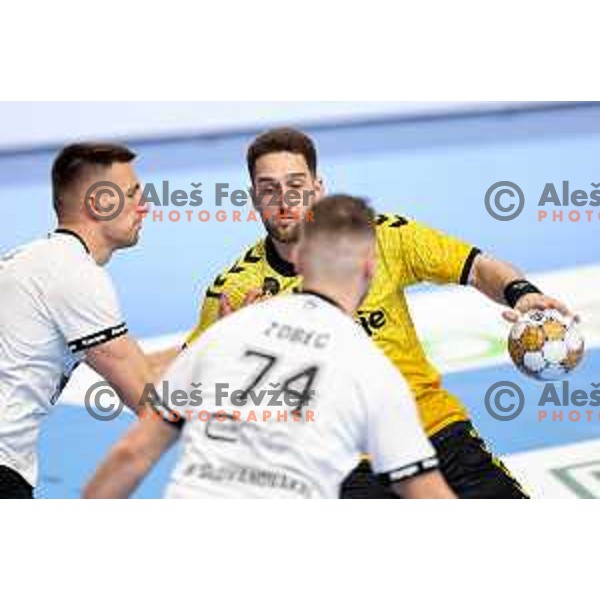 Urban Pipp of Gorenje Velenje in action during Semifinal of Slovenian Handball Cup between LL Grosist Slovan and Gorenje Velenje in Ljubljana, Slovenia on April 4, 2025. Photo: Filip Barbalic