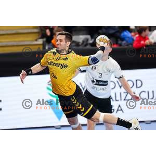 Vlado Matanovic of Gorenje Velenje in action during Semifinal of Slovenian Handball Cup between LL Grosist Slovan and Gorenje Velenje in Ljubljana, Slovenia on April 4, 2025. Photo: Filip Barbalic