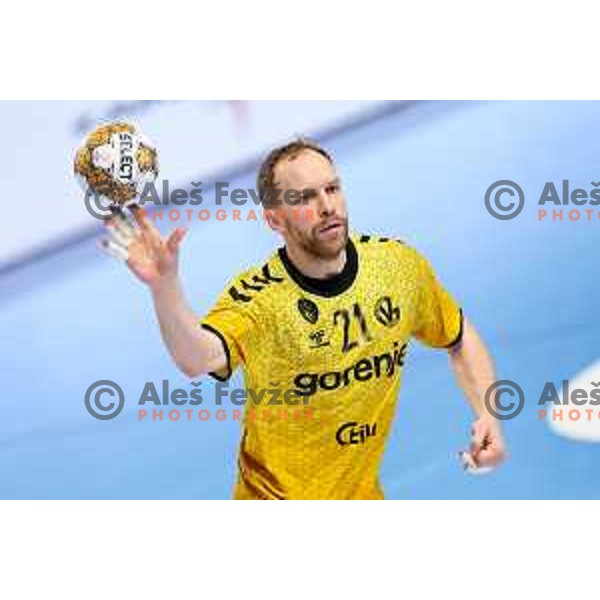Tine Poklar of Gorenje Velenje in action during Semifinal of Slovenian Handball Cup between LL Grosist Slovan and Gorenje Velenje in Ljubljana, Slovenia on April 4, 2025. Photo: Filip Barbalic