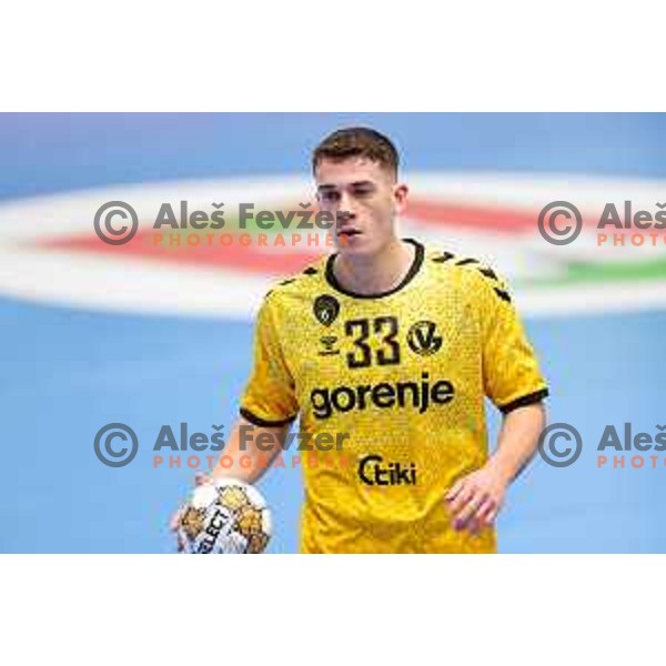 Enej Slatinek Jovicic of Gorenje Velenje in action during Semifinal of Slovenian Handball Cup between LL Grosist Slovan and Gorenje Velenje in Ljubljana, Slovenia on April 4, 2025. Photo: Filip Barbalic