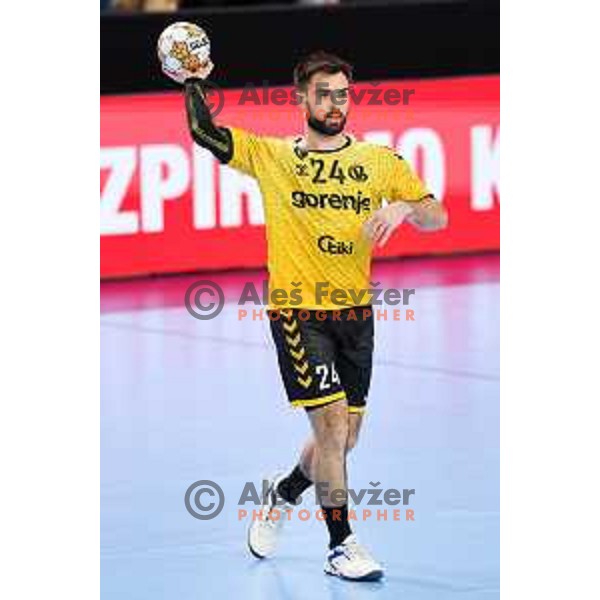 Tilen Sokolic of Gorenje Velenje in action during Semifinal of Slovenian Handball Cup between LL Grosist Slovan and Gorenje Velenje in Ljubljana, Slovenia on April 4, 2025. Photo: Filip Barbalic