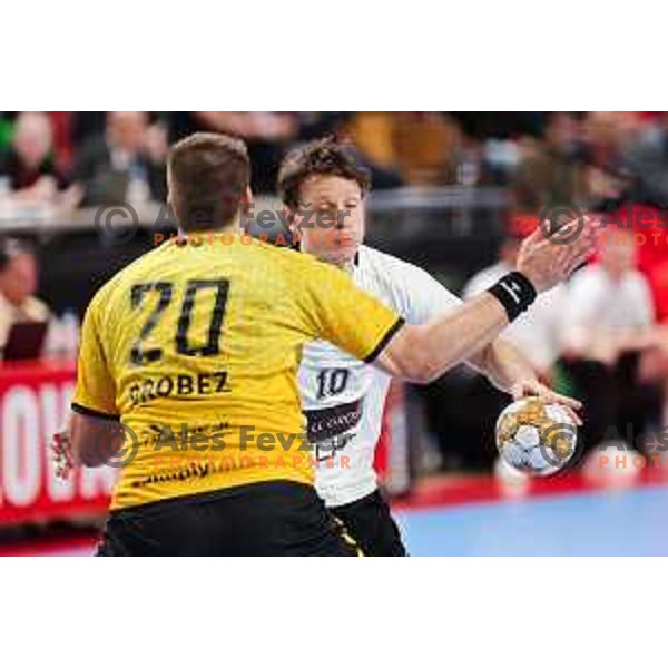 Jure Dolenec of LL Grosist Slovan in action during Semifinal of Slovenian Handball Cup between LL Grosist Slovan and Gorenje Velenje in Ljubljana, Slovenia on April 4, 2025. Photo: Filip Barbalic