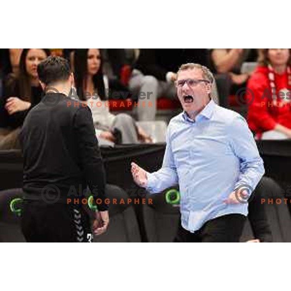 Head coach of Gorenje Velenje, Zoran Jovicic in action during Semifinal of Slovenian Handball Cup between LL Grosist Slovan and Gorenje Velenje in Ljubljana, Slovenia on April 4, 2025. Photo: Filip Barbalic