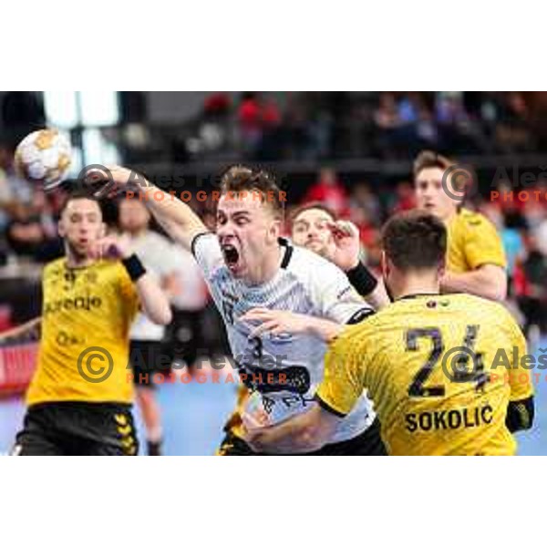 Stas Slatinek Jovicic of LL Grosist Slovan in action during Semifinal of Slovenian Handball Cup between LL Grosist Slovan and Gorenje Velenje in Ljubljana, Slovenia on April 4, 2025. Photo: Filip Barbalic