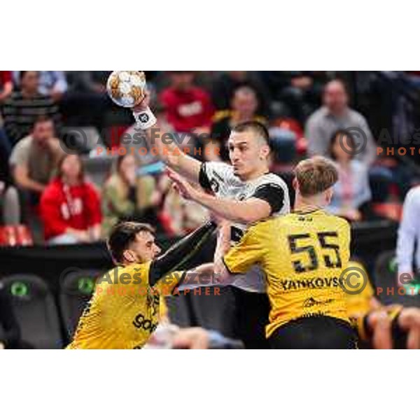 Tarik Mlivic of LL Grosist Slovan in action during Semifinal of Slovenian Handball Cup between LL Grosist Slovan and Gorenje Velenje in Ljubljana, Slovenia on April 4, 2025. Photo: Filip Barbalic