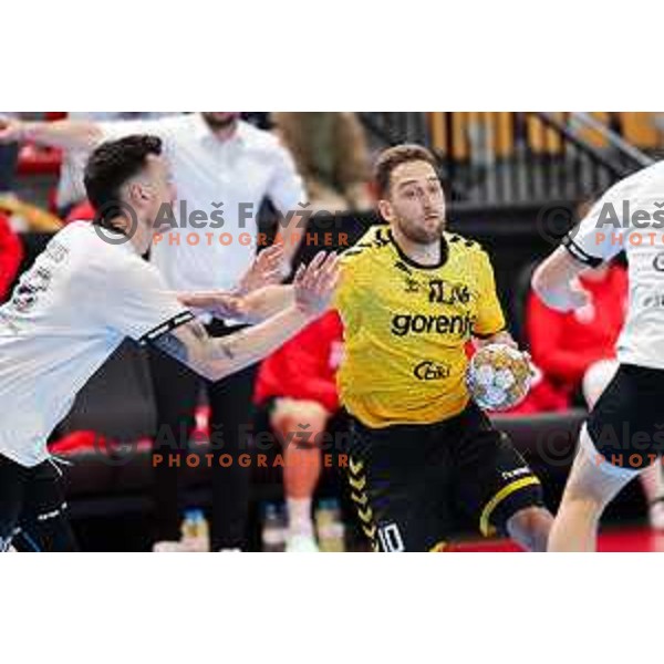 Urban Pipp of Gorenje Velenje in action during Semifinal of Slovenian Handball Cup between LL Grosist Slovan and Gorenje Velenje in Ljubljana, Slovenia on April 4, 2025. Photo: Filip Barbalic