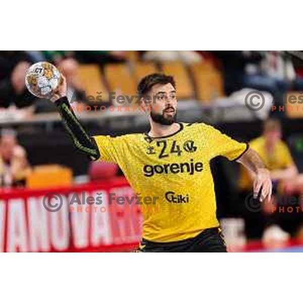 Tilen Sokolic of Gorenje Velenje in action during Semifinal of Slovenian Handball Cup between LL Grosist Slovan and Gorenje Velenje in Ljubljana, Slovenia on April 4, 2025. Photo: Filip Barbalic