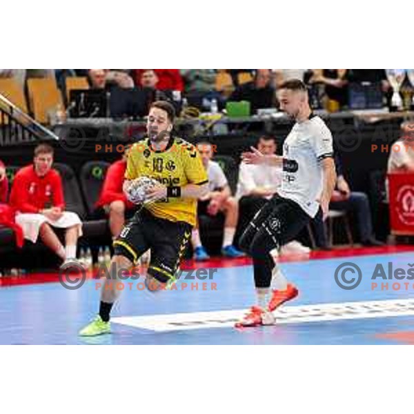 Urban Pipp of Gorenje Velenje in action during Semifinal of Slovenian Handball Cup between LL Grosist Slovan and Gorenje Velenje in Ljubljana, Slovenia on April 4, 2025. Photo: Filip Barbalic