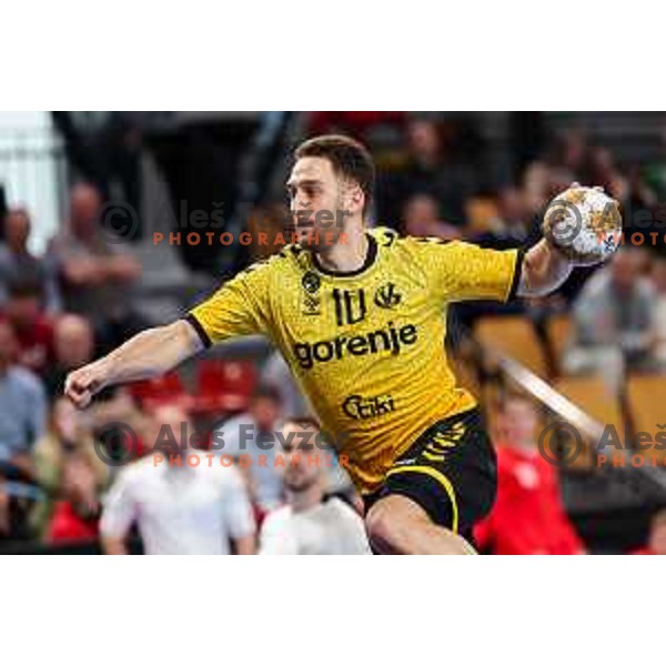 Urban Pipp of Gorenje Velenje in action during Semifinal of Slovenian Handball Cup between LL Grosist Slovan and Gorenje Velenje in Ljubljana, Slovenia on April 4, 2025. Photo: Filip Barbalic
