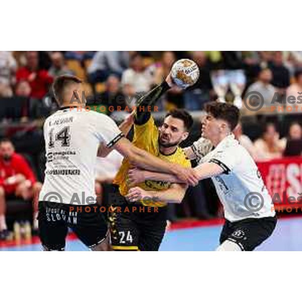 Tilen Sokolic of Gorenje Velenje in action during Semifinal of Slovenian Handball Cup between LL Grosist Slovan and Gorenje Velenje in Ljubljana, Slovenia on April 4, 2025. Photo: Filip Barbalic