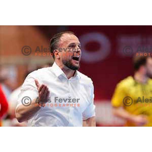 Head coach of LL Grosist Slovan, Uros Zorman in action during Semifinal of Slovenian Handball Cup between LL Grosist Slovan and Gorenje Velenje in Ljubljana, Slovenia on April 4, 2025. Photo: Filip Barbalic