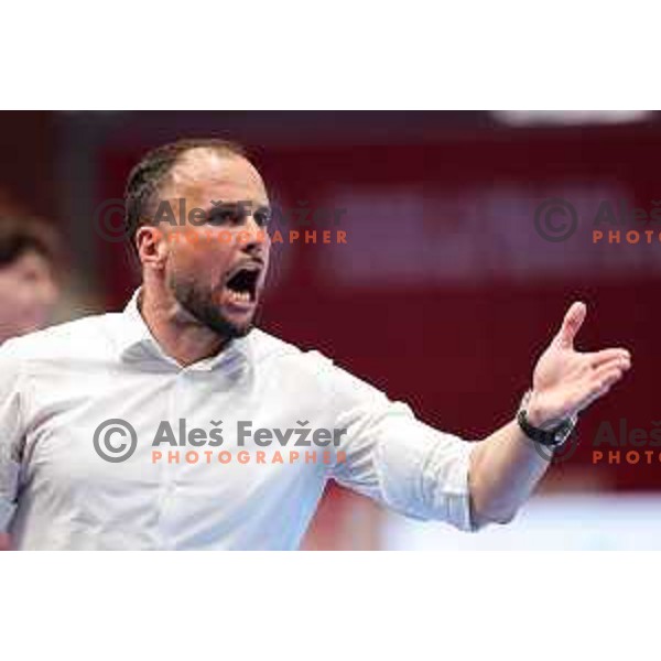 Head coach of LL Grosist Slovan, Uros Zorman in action during Semifinal of Slovenian Handball Cup between LL Grosist Slovan and Gorenje Velenje in Ljubljana, Slovenia on April 4, 2025. Photo: Filip Barbalic