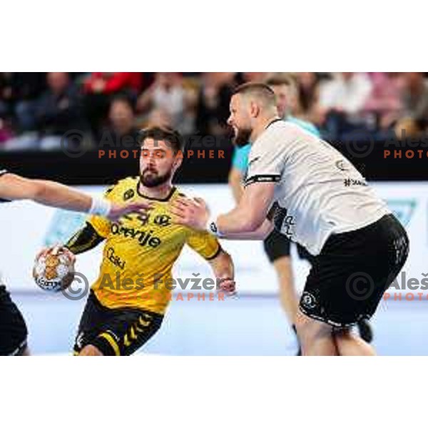 Tilen Sokolic of Gorenje Velenje in action during Semifinal of Slovenian Handball Cup between LL Grosist Slovan and Gorenje Velenje in Ljubljana, Slovenia on April 4, 2025. Photo: Filip Barbalic