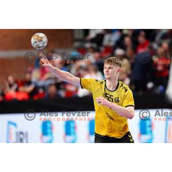 Oleksiy Yankovskyy of Gorenje Velenje in action during Semifinal of Slovenian Handball Cup between LL Grosist Slovan and Gorenje Velenje in Ljubljana, Slovenia on April 4, 2025. Photo: Filip Barbalic