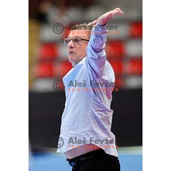 Head coach of Gorenje Velenje, Zoran Jovicic in action during Semifinal of Slovenian Handball Cup between LL Grosist Slovan and Gorenje Velenje in Ljubljana, Slovenia on April 4, 2025. Photo: Filip Barbalic