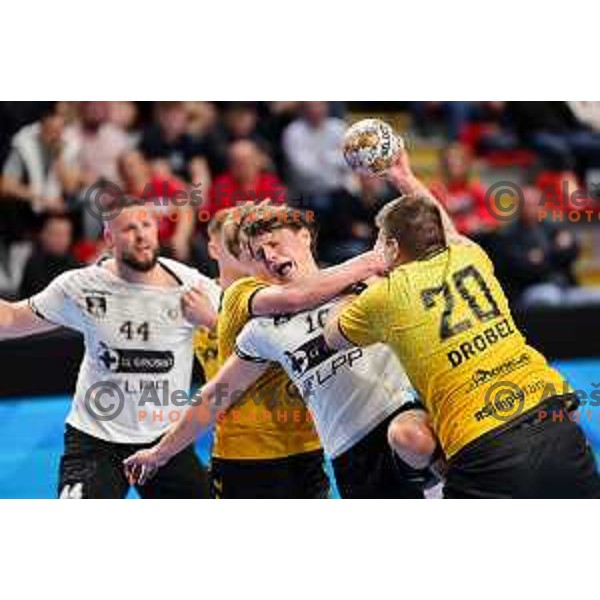 Jure Dolenec of LL Grosist Slovan in action during Semifinal of Slovenian Handball Cup between LL Grosist Slovan and Gorenje Velenje in Ljubljana, Slovenia on April 4, 2025. Photo: Filip Barbalic