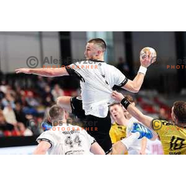 Tarik Mlivic of LL Grosist Slovan in action during Semifinal of Slovenian Handball Cup between LL Grosist Slovan and Gorenje Velenje in Ljubljana, Slovenia on April 4, 2025. Photo: Filip Barbalic