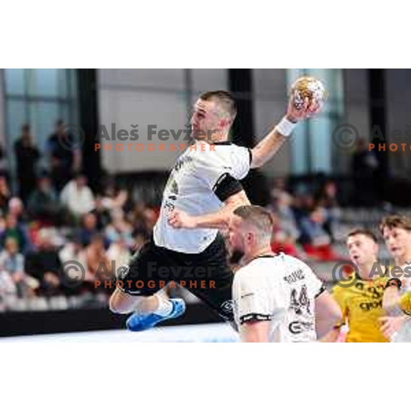 Tarik Mlivic of LL Grosist Slovan in action during Semifinal of Slovenian Handball Cup between LL Grosist Slovan and Gorenje Velenje in Ljubljana, Slovenia on April 4, 2025. Photo: Filip Barbalic