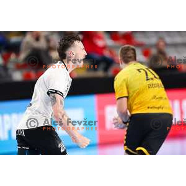 Jaka Malus of LL Grosist Slovan in action during Semifinal of Slovenian Handball Cup between LL Grosist Slovan and Gorenje Velenje in Ljubljana, Slovenia on April 4, 2025. Photo: Filip Barbalic