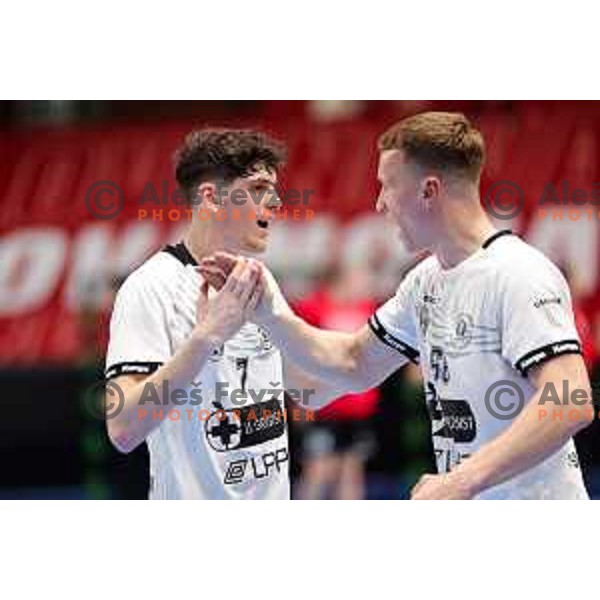 Nikolaos Tzortzinis of LL Grosist Slovan celebrates win in Semifinal of Slovenian Handball Cup between LL Grosist Slovan and Gorenje Velenje in Ljubljana, Slovenia on April 4, 2025. Photo: Filip Barbalic