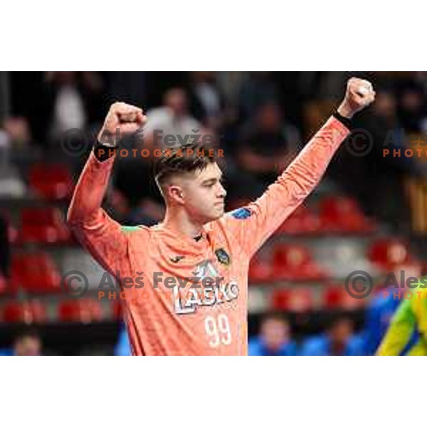 Gal Gabersek of RK Celje Pivovarna Lasko in action during Semifinal of Slovenian Handball Cup between MRK Krka and RK Celje Pivovarna Lasko in Ljubljana, Slovenia on April 4, 2025. Photo: Filip Barbalic