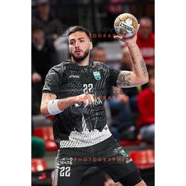 Veljko Stanojevic of MRK Krka in action during Semifinal of Slovenian Handball Cup between MRK Krka and RK Celje Pivovarna Lasko in Ljubljana, Slovenia on April 4, 2025. Photo: Filip Barbalic