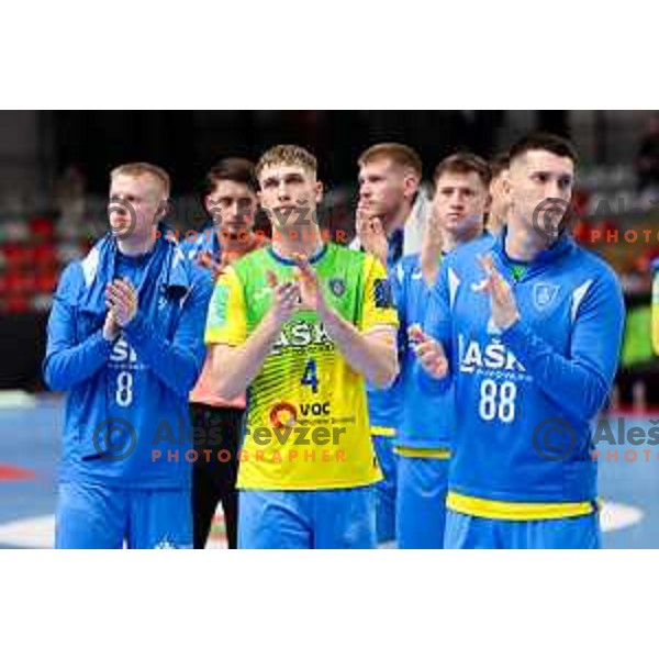 Mai Marguc and players of RK Celje Pivovarna Lasko after Semifinal of Slovenian Handball Cup between MRK Krka and RK Celje Pivovarna Lasko in Ljubljana, Slovenia on April 4, 2025. Photo: Filip Barbalic