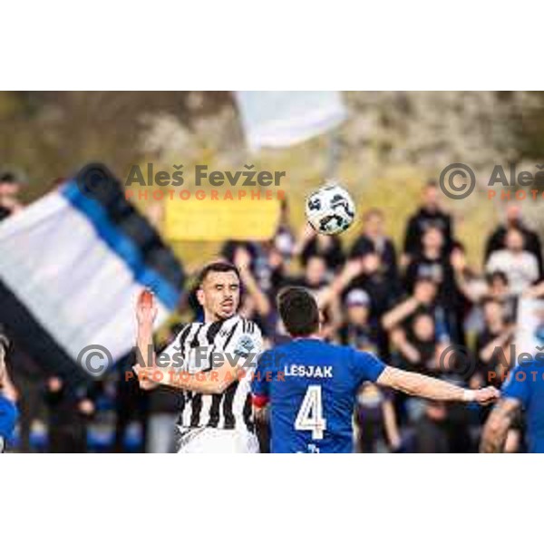 Leard Sadriu in action during Prva liga Telemach football match between Nafta 1903 and Mura in Sportni park Lendava, Slovenia on April 5, 2025. Photo: Jure Banfi
