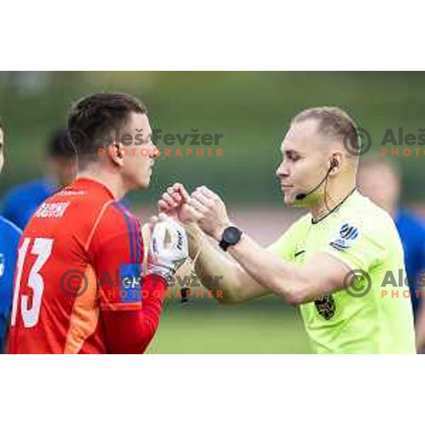 Florijan Raduha and referee Alen Borosak during Prva liga Telemach football match between Nafta 1903 and Mura in Sportni park Lendava, Slovenia on April 5, 2025. Photo: Jure Banfi