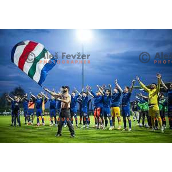 Players of Nafta 1903 celebrating after winning Prva liga Telemach football match between Nafta 1903 and Mura in Sportni park Lendava, Slovenia on April 5, 2025. Photo: Jure Banfi