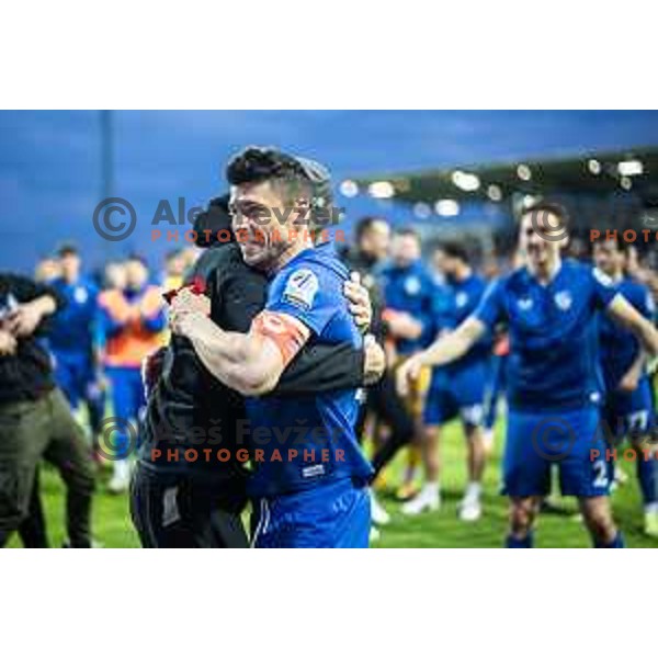 Zoran Lesjak celebrating after winning Prva liga Telemach football match between Nafta 1903 and Mura in Sportni park Lendava, Slovenia on April 5, 2025. Photo: Jure Banfi