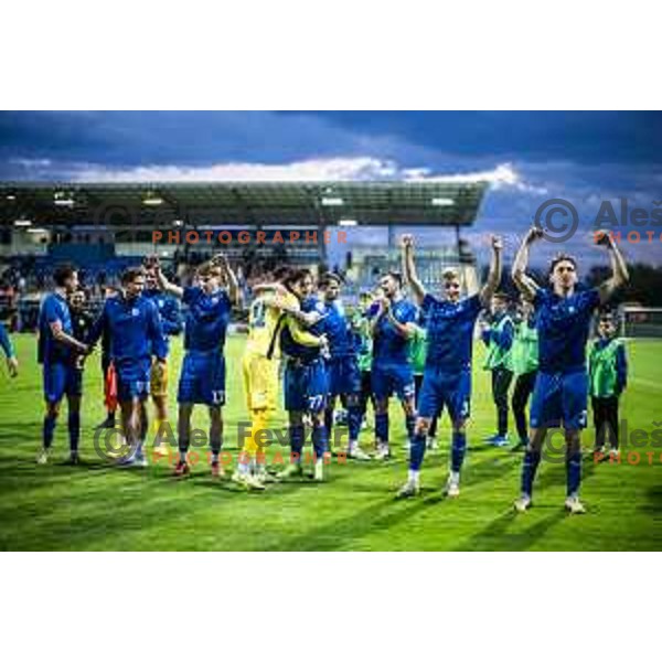 Players of Nafta 1903 celebrating after winning Prva liga Telemach football match between Nafta 1903 and Mura in Sportni park Lendava, Slovenia on April 5, 2025. Photo: Jure Banfi
