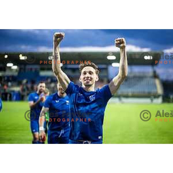Rok Pirtovsek celebrating after winning Prva liga Telemach football match between Nafta 1903 and Mura in Sportni park Lendava, Slovenia on April 5, 2025. Photo: Jure Banfi
