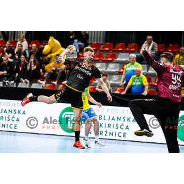 Gal Gabersek in action during bronze medal match between RK Gorenje Velenje and RK Celje Pivovarna Laško at Slovenian Handball Cup in Ljubljana, Slovenia on April 5, 2025
