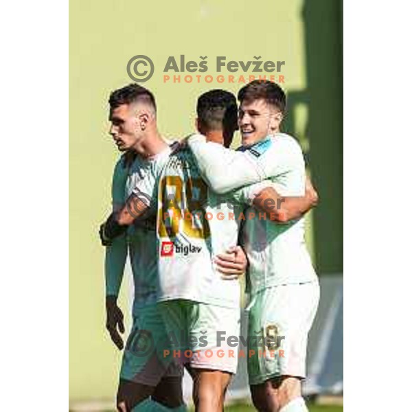 Marko Brest celebrates a goal during Prva liga Telemach 2024/2025 football match between Primorje and Olimpija in Ajdovscina, Slovenia on April 6, 2025
