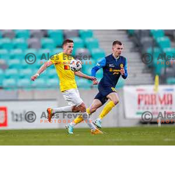 in action during Prva liga Telemach 2024/2025 football match between Bravo Bing Bang and Celje in Ljubljana, Slovenia on April 6, 2025