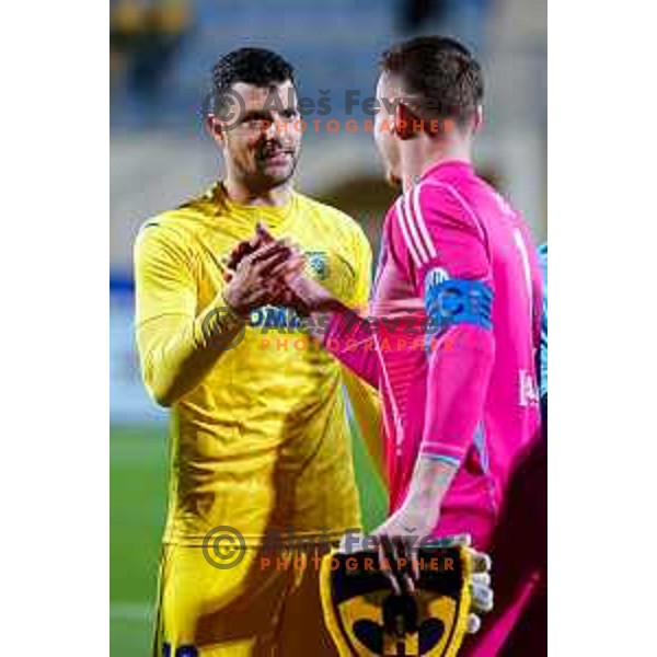 Haris Vuckic and Azbe Jug during Prva liga Telemach 2024/2025 football match between Domzale and Maribor in Domzale, Slovenia on April 6, 2025