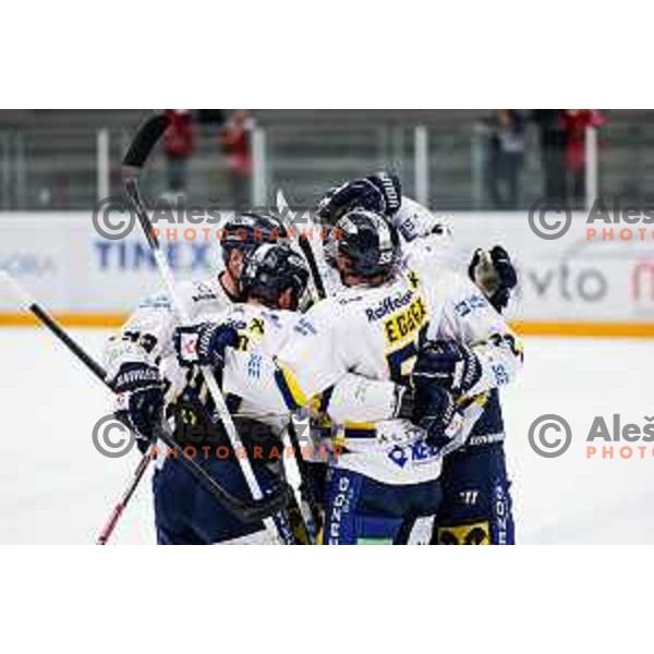 Maximilian Egger and players of Zell am See celebrate a goal during second game of The Final of Alps League between SIJ Acroni Jesenice (SLO) and EK Die Zeller Eisbaren (AUT) in Podmezakla Hall, Jesenice, Slovenia on April 8, 2025