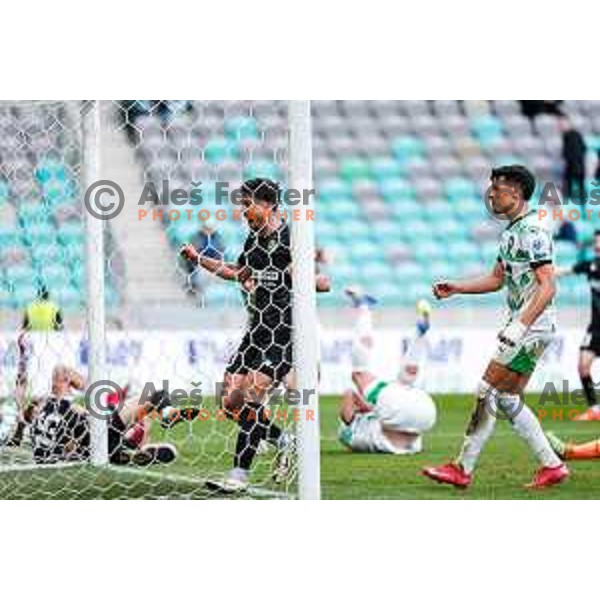 Felipe Curcio celebrates a goal during Prva liga Telemach 2024/2025 football match between Olimpija and Koper in Ljubljana, Slovenia on April 9, 2025