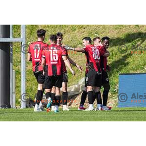 Ishaq Rafiu and players of Primorje celebrate a goal during Prva liga Telemach 2024/2025 football match between Primorje and Bravo Big Bang in Ajdovscina, Slovenia on April 10, 2025