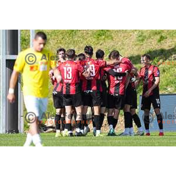 Ishaq Rafiu and players of Primorje celebrate a goal during Prva liga Telemach 2024/2025 football match between Primorje and Bravo Big Bang in Ajdovscina, Slovenia on April 10, 2025