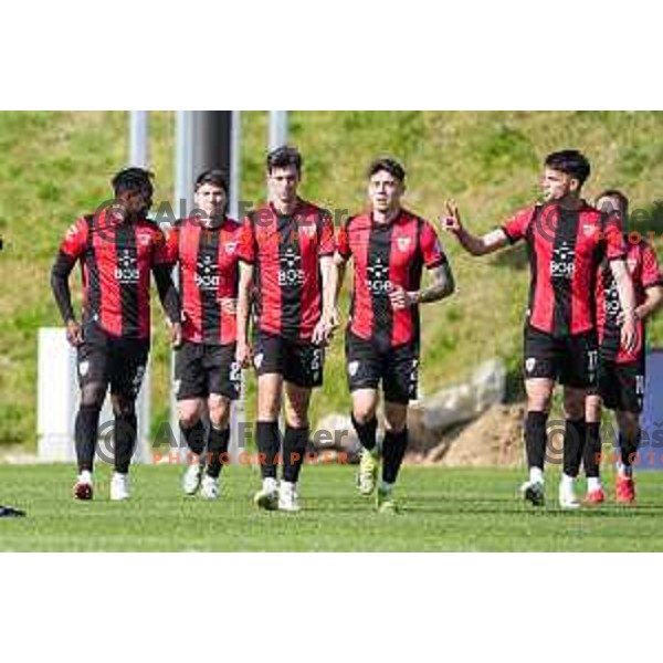 Ishaq Rafiu and players of Primorje celebrate a goal during Prva liga Telemach 2024/2025 football match between Primorje and Bravo Big Bang in Ajdovscina, Slovenia on April 10, 2025