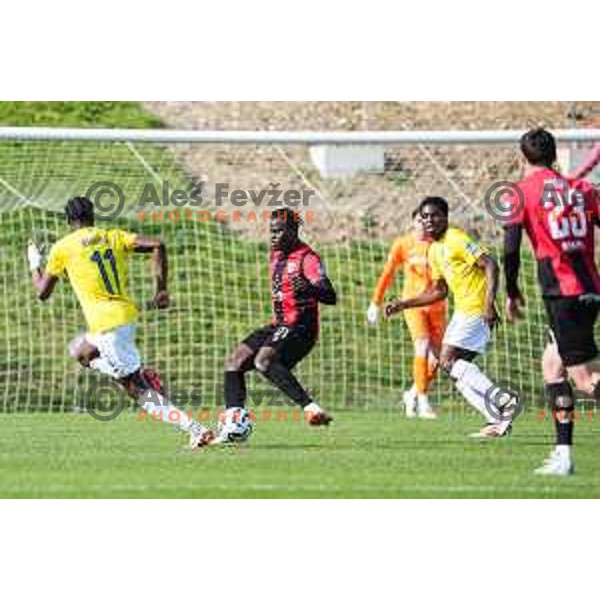 Ishaq Rafiu in action during Prva liga Telemach 2024/2025 football match between Primorje and Bravo Big Bang in Ajdovscina, Slovenia on April 10, 2025