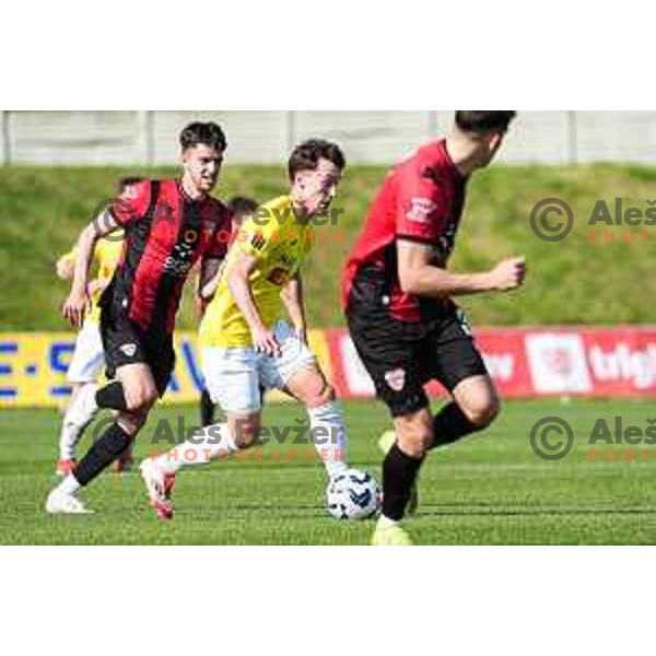 Martin Pecar in action during Prva liga Telemach 2024/2025 football match between Primorje and Bravo Big Bang in Ajdovscina, Slovenia on April 10, 2025