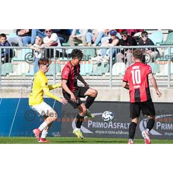 Beno Selan and Haris Kadric in action during Prva liga Telemach 2024/2025 football match between Primorje and Bravo Big Bang in Ajdovscina, Slovenia on April 10, 2025