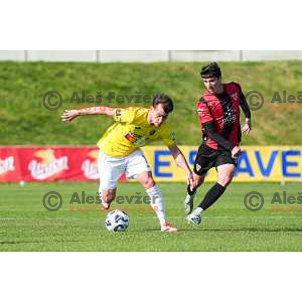 Martin Pecar and Festim Shatri in action during Prva liga Telemach 2024/2025 football match between Primorje and Bravo Big Bang in Ajdovscina, Slovenia on April 10, 2025