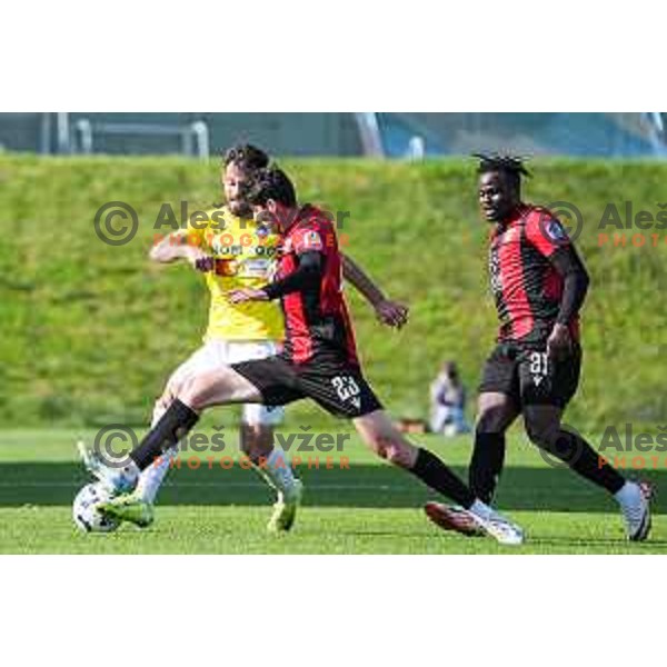 Nemanja Jaksic, Festim Shatri and Ishaq Rafiu in action during Prva liga Telemach 2024/2025 football match between Primorje and Bravo Big Bang in Ajdovscina, Slovenia on April 10, 2025