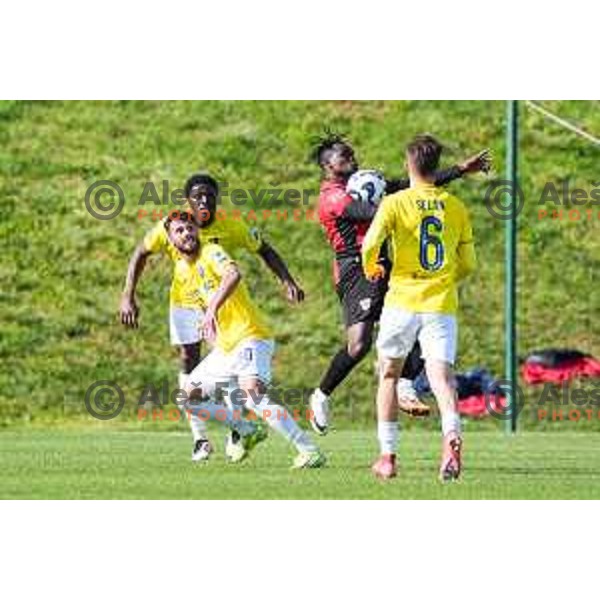 Ishaq Rafiu in action during Prva liga Telemach 2024/2025 football match between Primorje and Bravo Big Bang in Ajdovscina, Slovenia on April 10, 2025