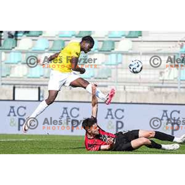 Venuste Baboula and Zan Besir in action during Prva liga Telemach 2024/2025 football match between Primorje and Bravo Big Bang in Ajdovscina, Slovenia on April 10, 2025