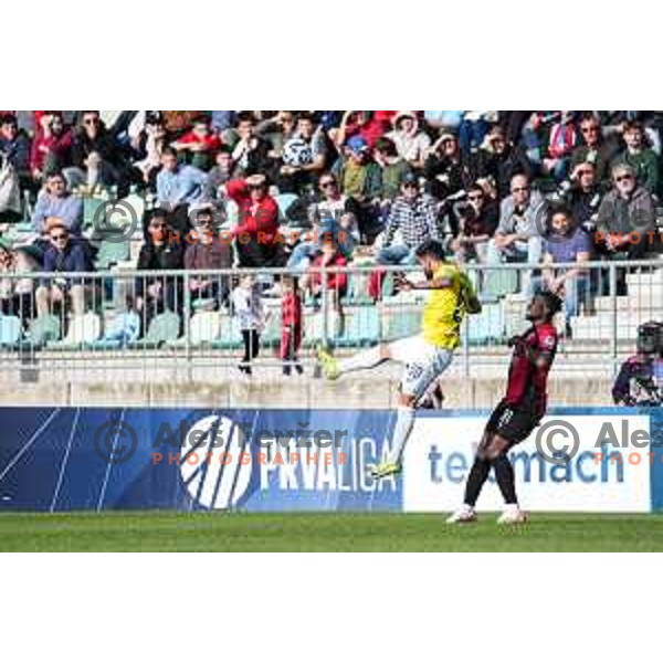 Ishaq Rafiu in action during Prva liga Telemach 2024/2025 football match between Primorje and Bravo Big Bang in Ajdovscina, Slovenia on April 10, 2025